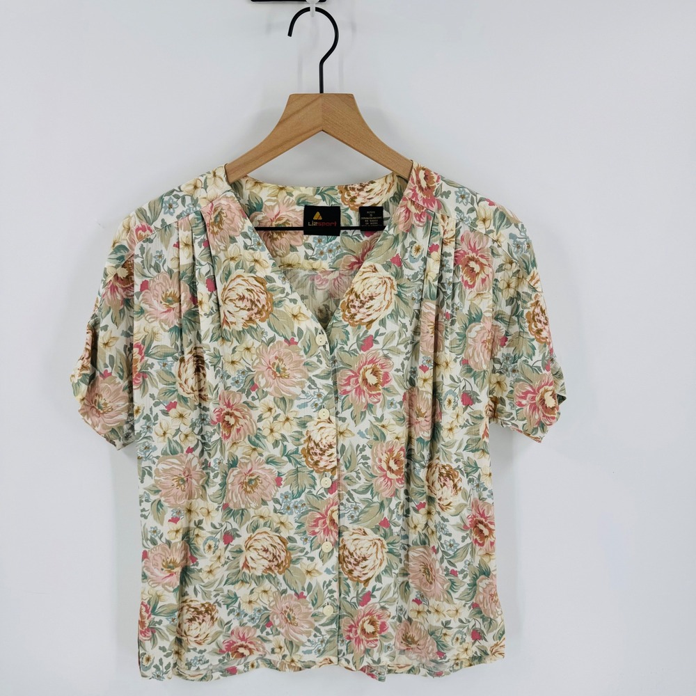 Vintage Lizsport Floral‎ Blouse Size PS Rayon Cottagecore Grandma 90s Tea Party